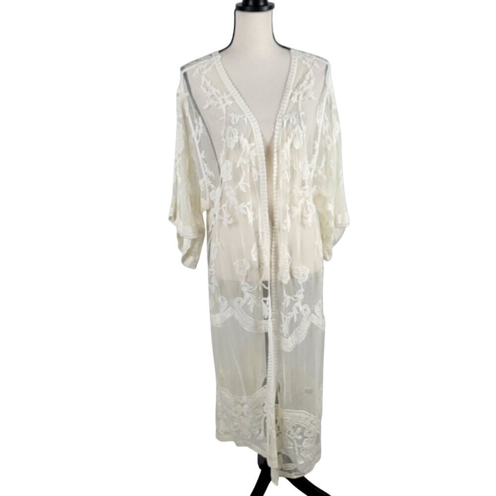 Dizzy Gal Size S Ivory Lace Floral Open Front Kimono / Swimsuit Cover. *Has Flaw